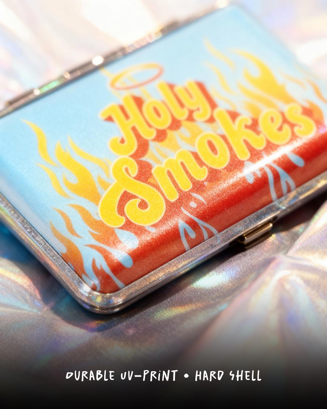 hard shell cigarette case Metal Flip-Top Case, Slim Cigarette Box for Full Pack, Multiple Colors, Smoking Accessory, Pocket Tobacco Holder or simply commuting Holy Smokes Cigarette Case for