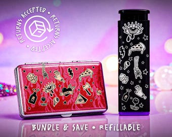 girly cigarettes CUSTOM Case & Lighter SET OF 2 -- Girly Joint Case / Cigarettes Case + Cute  Lighter --crush Proof Stoner Gift Stash Box for Her Joint Holder