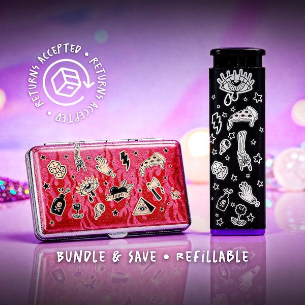 CUSTOM Case & Lighter SET OF 2 -- Girly Joint Case / Cigarettes Case + Cute Lighter --Crush Proof Stoner Gift Stash Box For her Joint Holder