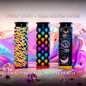 REFILLABLE WINDPROOF 3-PACK of Jet Flame Torch Lighters - Feelin Spacey Torch Lighter for Cigarette Butane Lighter-Pretty Lighters for Women