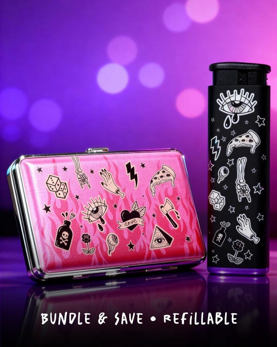Cigarette Case With Matching Lighter | Sweet Vices Dark Pink Cigarette Case  Gift for Smoker Stoner Gift Accessory-smokingaccessories Girly