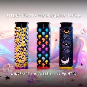 REFILLABLE WINDPROOF 3-PACK of Jet Flame Torch Lighters - Feelin Spacey Torch Lighter for Cigarette Butane Lighter-Pretty Lighters for Women