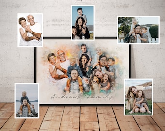 Puede incluir: Un retrato familiar enmarcado con efecto acuarela, con varias fotos familiares dispuestas alrededor de una imagen central. La imagen central muestra una gran reunión familiar. El texto "Andrews Family" está escrito en cursiva. Se muestran fotos familiares adicionales.