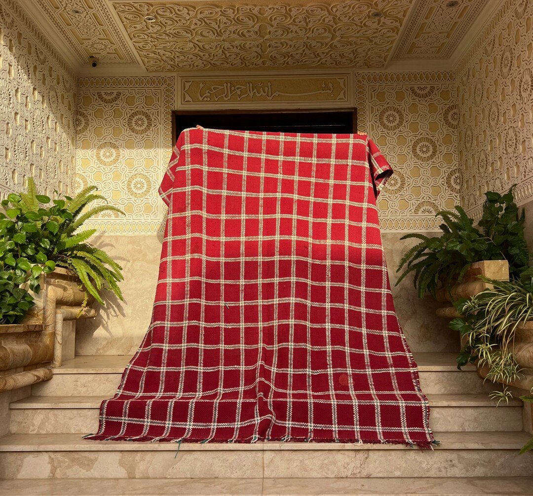 Red African Rug XL Handmade Vintage Berber Red Green Tartan Rug Large 1970s Handmade ...