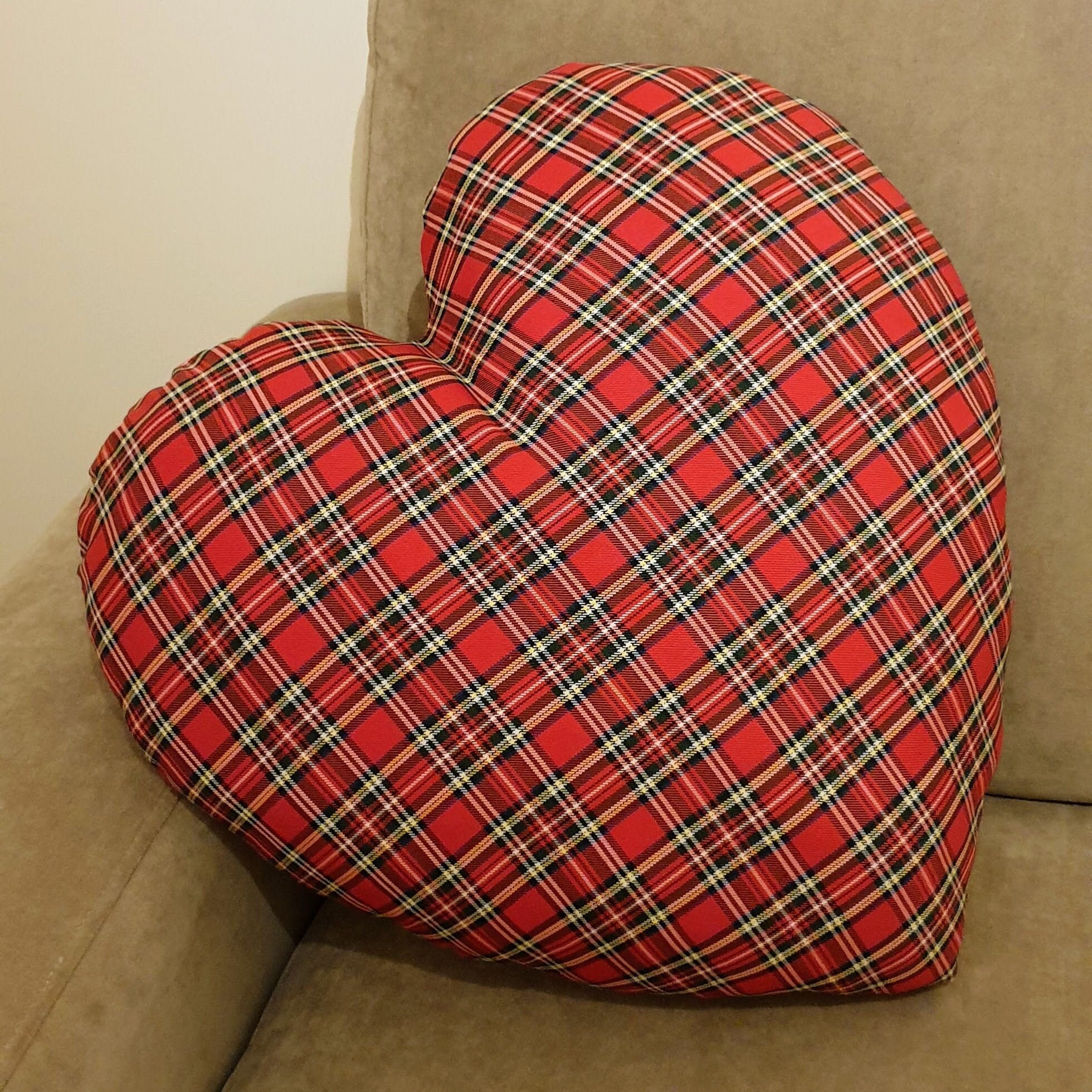 Heart shaped cushion. Handmade with red tartan fabric. Lovely Etsy