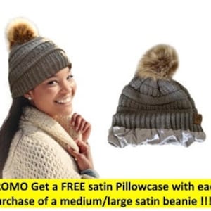 Satin Lined M/L High End Beanie Hat with Faux Fur Pom and a FREE satin pillowcase