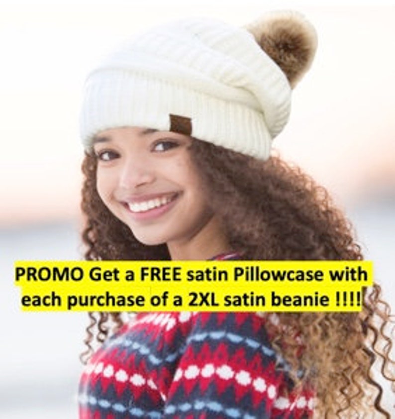 Satin Lined 2X-Large Super Slouchy High End Beanie Hat with Faux Fur Pom and with a FREE Satin Pillowcase image 1