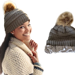 Satin Lined M/L High End Beanie Hat with Faux Fur Pom