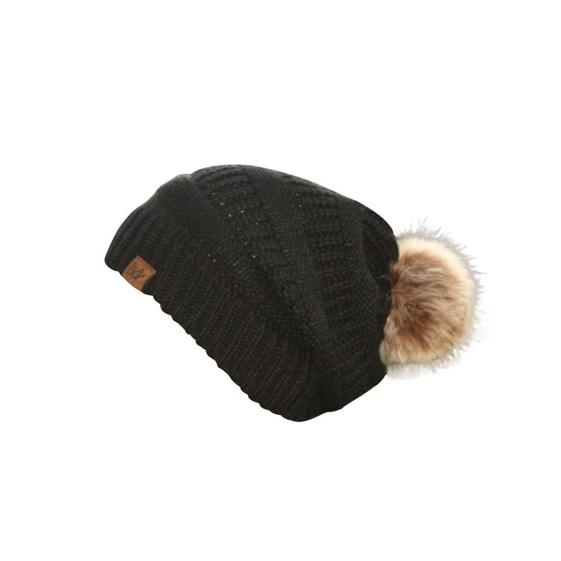 Satin Lined 2X-Large Super Slouchy High End Beanie Hat with Faux Fur Pom and with a FREE Satin Pillowcase image 5