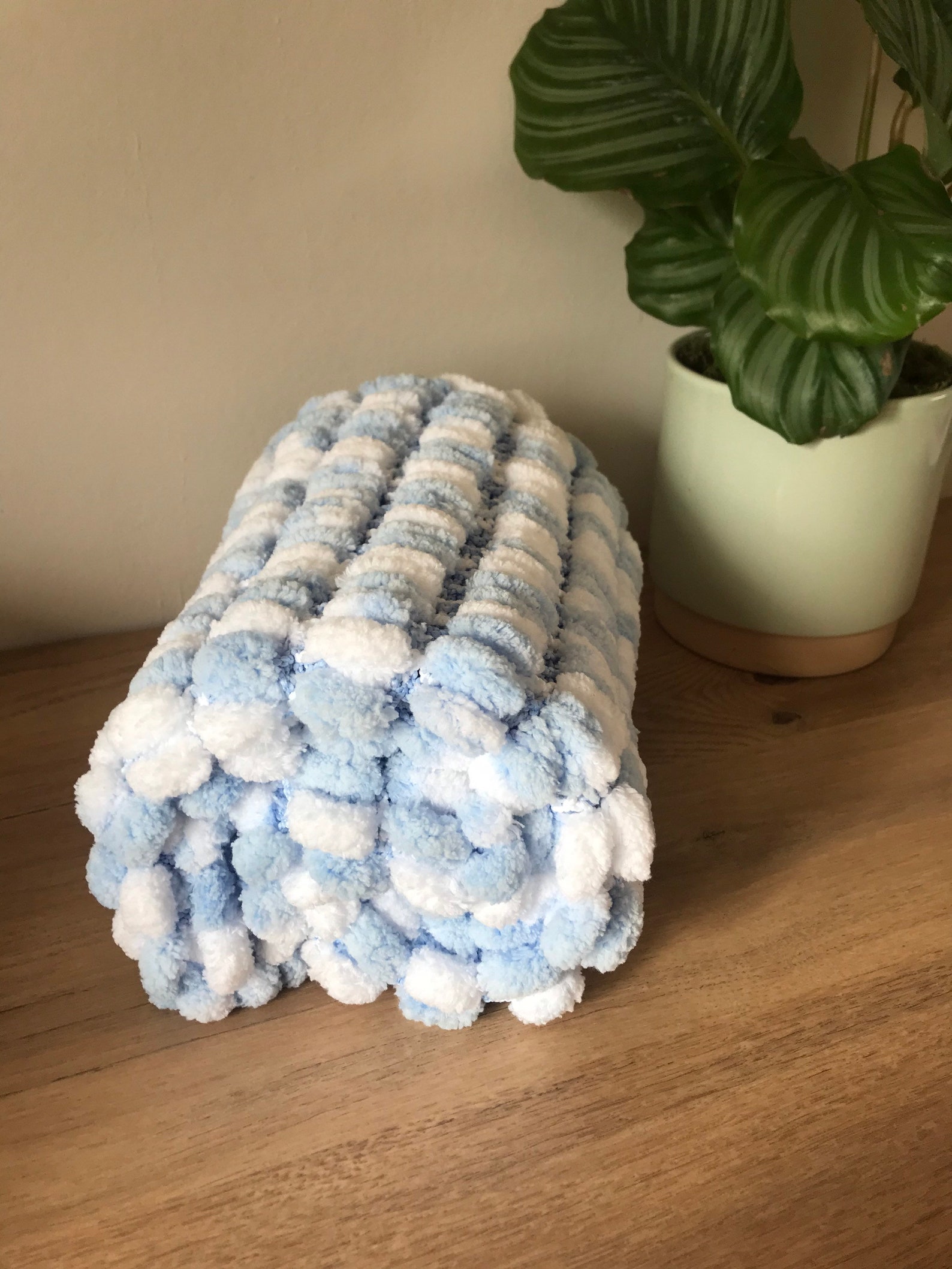 Blue and white baby Pom Pom blanket soft and fluffy handmade Etsy