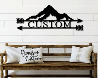 Personalized Double Arrow Mountain Range Adventure Name Sign - Custom Rustic Metal Sign- Housewarming Gift- Metal Wall Art - Farmhouse Decor