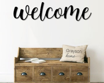 Rustic Welcome Metal Word Sign  Cursive Script  Farmhouse Decor  Housewarming Gift  Wall Art