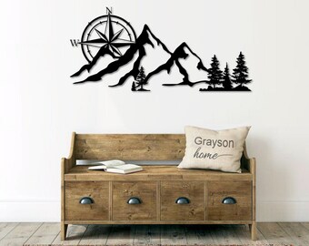 NW Compass Rose Mountain scene metal sign | Metal Farmhouse Decor | Metal wall art | West Coast Metal Mountain Sign | Northwest | Adventure