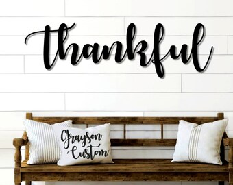 Rustic Metal Thankful Script Word Sign  Housewarming Gift  Farmhouse Decor  Custom Holiday Decor  Metal Word Art