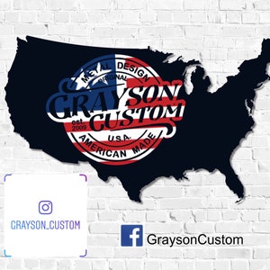 May include: A black and white silhouette of the United States of America with a red, white, and blue circle logo in the center. The logo says "Grayson Custom" with the words "Metal Design Original est. 2009 U.S.A. American Made" around the circle. The logo is on a white brick wall background. The text "GRAYSON_CUSTOM" is in a white box with a black Instagram icon. The text "GraysonCustom" is in a white box with a blue Facebook icon.