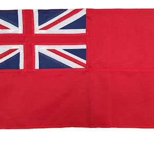 May include: A red flag with the Union Jack in the upper left corner. The flag has a white hoist and a rope for hanging. The Union Jack features blue, white, and red colors.