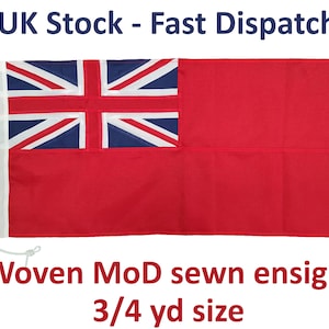 Red ensign flag traditionally sewn MoD approved woven polyester fabric marine grade 3/4 yard 70x35cm 27&quot;x13&quot; size rope & toggled