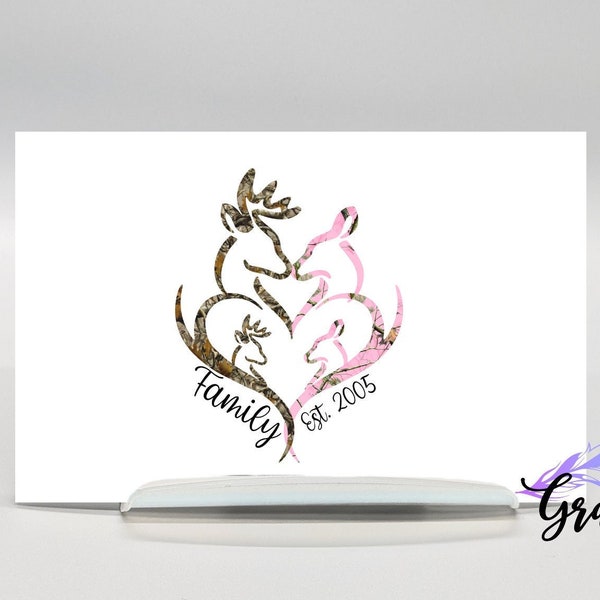 Personalized Deer Family Buck & Doe Camo Decal, Anniversary gift for couple, Deer sticker for truck, country couple sticker, pink camo deer