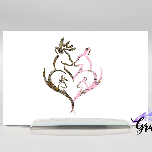 Deer Family Buck and Doe Camo Decal, Anniversary gift for couple, Deer sticker for truck, country couple sticker, pink camo deer