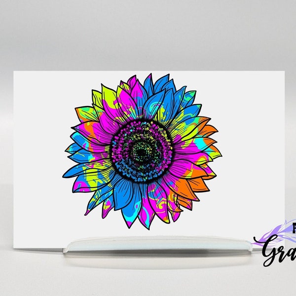 Retro Neon Rainbow Sunflower vinyl car decal, 90's Sunflower gift for her, Waterproof sunflower sticker, watercolor planner sticker