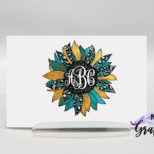 Turquoise Monogram Leopard Sunflower Decal, Sunflower car decal, sunflower vinyl decal sticker, personalized gift for mom