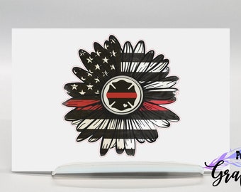 Red Line flag decal, Sunflower vinyl decal sticker, Firefighter wife gift, Sunflower car decal, Thin Red Line Sticker, first responder gift