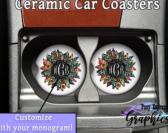 Personalized Monogram Ceramic Sunflower Car Coasters, Leopard Sunflower Car Accessories for Women, Set of 2 Custom 2.5" truck gadgets