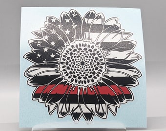 Red Line flag decal, Sunflower vinyl decal sticker, Firefighter wife gift, Sunflower car decal, Thin Red Line Sticker, first responder gift