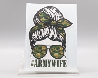 Military wife life messy bun sticker, Camo Life Wife Mom, Funny Mom Bun Hair, military gifts for women, military appreciation sticker