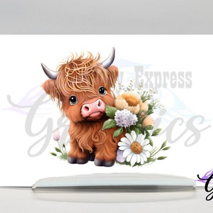 Adorable Highland Cow holding flowers decal, Cow Decal Sticker, farmhouse wall decor, cow gift for her, Cute farm animal with daisies