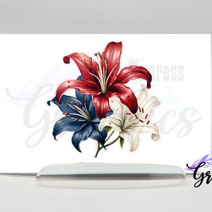 USA flag lily vinyl decal sticker, american flag lily car decal, patriotic decal for cars and tumblers, floral car accessory for women