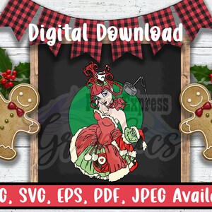 Navidad svg, Linda niña con adorno y peluche, hembra pelirroja con diseño digital de vestido de Papá Noel