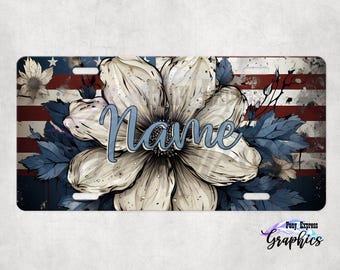 Personalized Patriotic floral car tag, custom outdoor plate for cars, vanity plate, custom patriotic license plate, USA truck decor