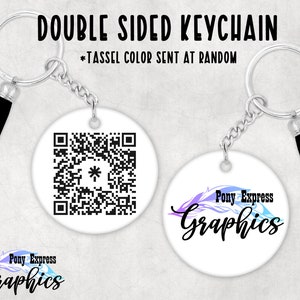 May include: Double-sided keychain with a black tassel. One side features a black and white QR code. The other side has a white background with a purple and blue gradient design and the text "Pony Express Graphics".