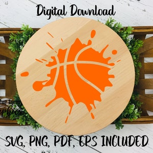 May include: Orange basketball graphic in a splatter design on a round wooden sign. SVG, PNG, PDF, EPS included.
