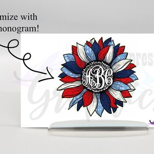 May include: Red, white, and blue sunflower with a white monogram in the center. Customize with your monogram!