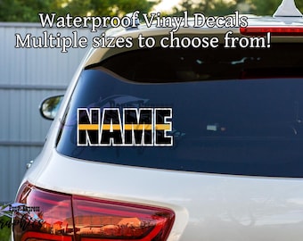 Customized Gold Line flag decal, Last Name car decal, Badge # back the gold sticker, personalized dispatch decal