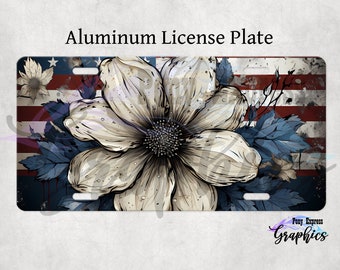 Patriotic floral car tag, outdoor plate for cars, vanity plate, custom patriotic license plate, United States of America truck decor