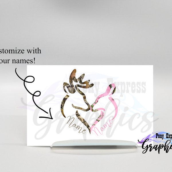 Personalized Deer Family Buck & Doe Camo Decal, Anniversary gift for couple, Deer sticker for truck, country couple sticker, pink camo deer