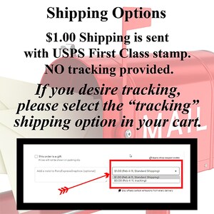 May include: A red mailbox with a white "MAIL" label. A screenshot of a website checkout page shows shipping options for $1.00 standard shipping and $3.00 for tracking.