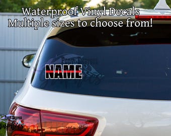 Customized Red Line flag decal, Last Name car decal, Badge # back the red sticker, personalized firefighter decal for wives, fire mom gifts