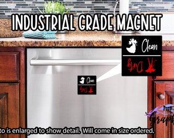 May include: A black and white dishwasher magnet with the words "Clean" and "Dirty" in red. The magnet features a stylized illustration of a woman in a dress.