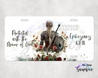 Religious floral car tag, outdoor plate for cars, vanity plate, custom Armor of God license plate, Ephesians Bible Verse Car Accessory