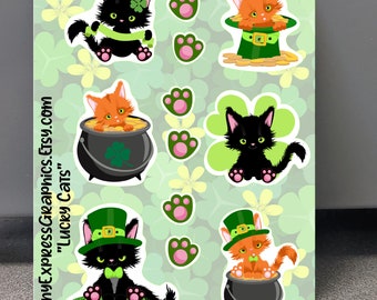 Cat Stickers, Saint Patrick's day stickers, St Patty's Day stickers, Pawprint Stickers, Pot of Gold Stickers, Kitty Stickers