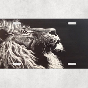 Lion car tag, outdoor plate for cars, vanity plate, custom license plate, black and white art