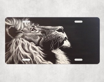 Lion car tag, outdoor plate for cars, vanity plate, custom license plate, black and white art