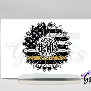 Personalized monogram Gold Line flag decal, Sunflower vinyl decal sticker, Thin Gold Line Sticker, first responder gift, Dispatcher 911