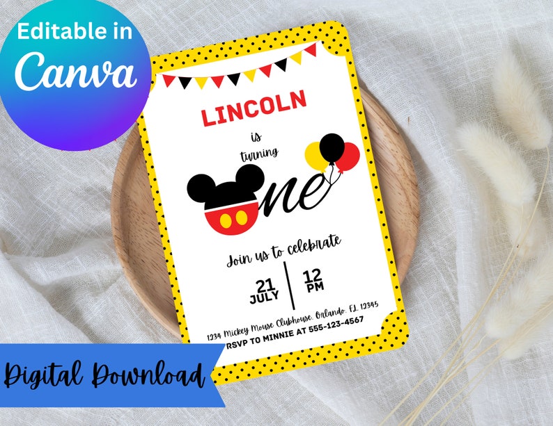 Printable Mickey Birthday Invitation Template, Mickey Mouse Invitations, Kids 1st Birthday Party ...