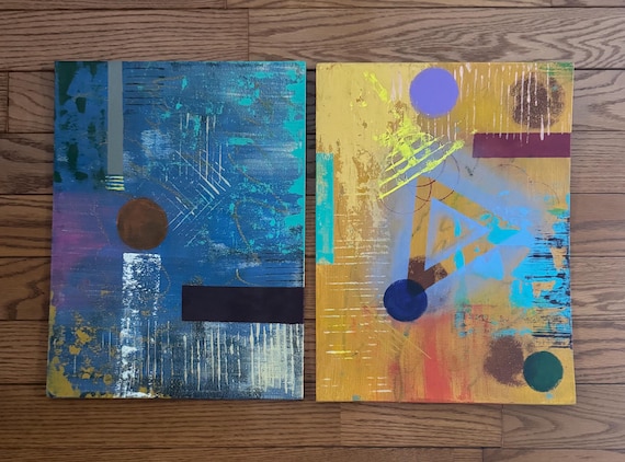 Retro Abstract Acrylic Paintings Pair