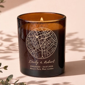 Personalised Engagement Candle Gift: Engraved Map, Names & Date